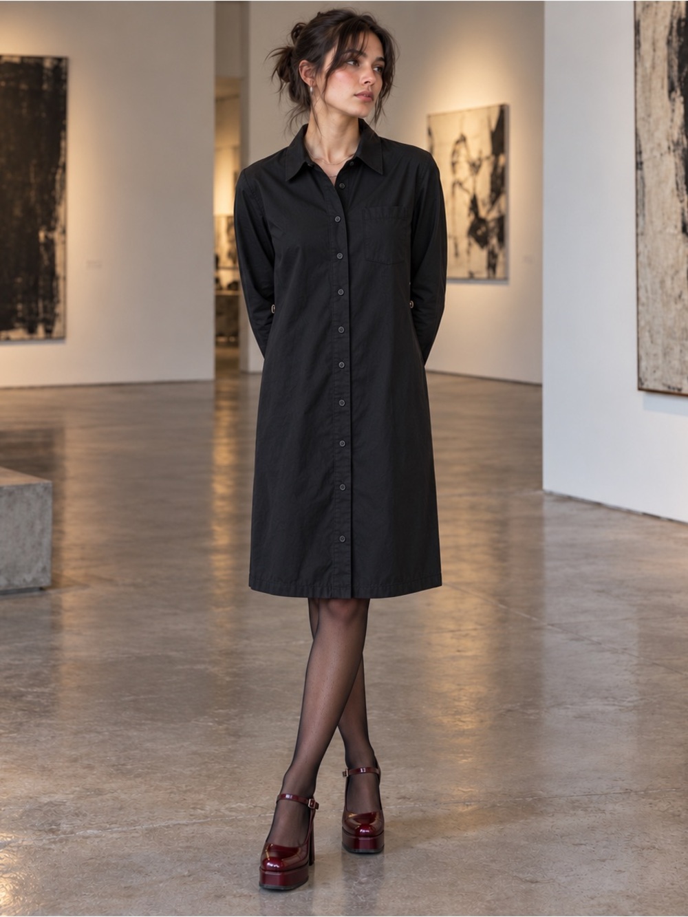 Vintage 90s Gap Black Midi Shirt Dress M Minimalist Grunge Button Front